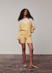 Cream & Yellow Colour Block Sweater with Fox Fur Cuffs