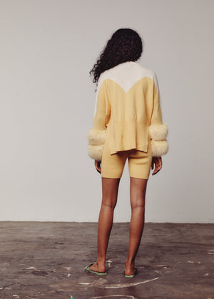 Cream & Yellow Colour Block Sweater with Fox Fur Cuffs