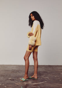 Cream & Yellow Colour Block Sweater with Fox Fur Cuffs