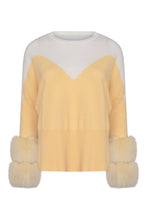 Load image into Gallery viewer, Cream &amp; Yellow Colour Block Sweater with Fox Fur Cuffs
