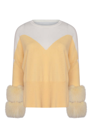 Cream & Yellow Colour Block Sweater with Fox Fur Cuffs