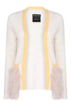 Load image into Gallery viewer, Cream &amp; Yellow Colour Block Cardigan with Fox Fur Pockets
