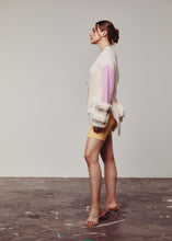 Load image into Gallery viewer, Cream, Green &amp; Pink Colour Block Cardigan with Rex Chinchilla Cuffs
