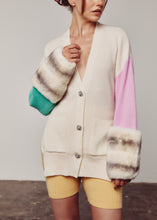 Load image into Gallery viewer, Cream, Green &amp; Pink Colour Block Cardigan with Rex Chinchilla Cuffs
