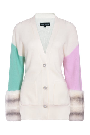 Cream, Green & Pink Colour Block Cardigan with Rex Chinchilla Cuffs