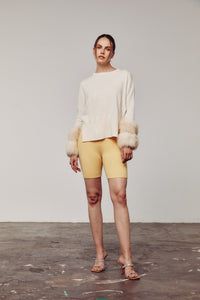 Cream Classic Sweater with Fox Fur Cuffs