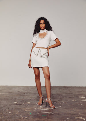 Cream Ribbed Embellished Skirt