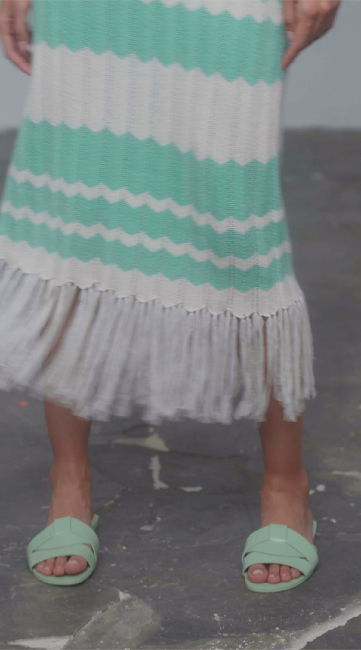 Cream & Green Colour Block Fringe Dress