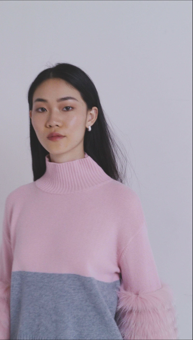 Pink And Grey Colour Block Half And Half Sweater With Fox Fur