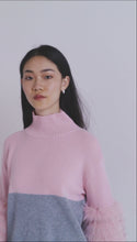 Load and play video in Gallery viewer, Pink And Grey Colour Block Half And Half Sweater With Fox Fur
