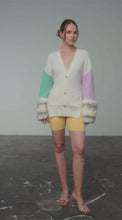 Load and play video in Gallery viewer, Cream, Green &amp; Pink Colour Block Cardigan with Rex Chinchilla Cuffs

