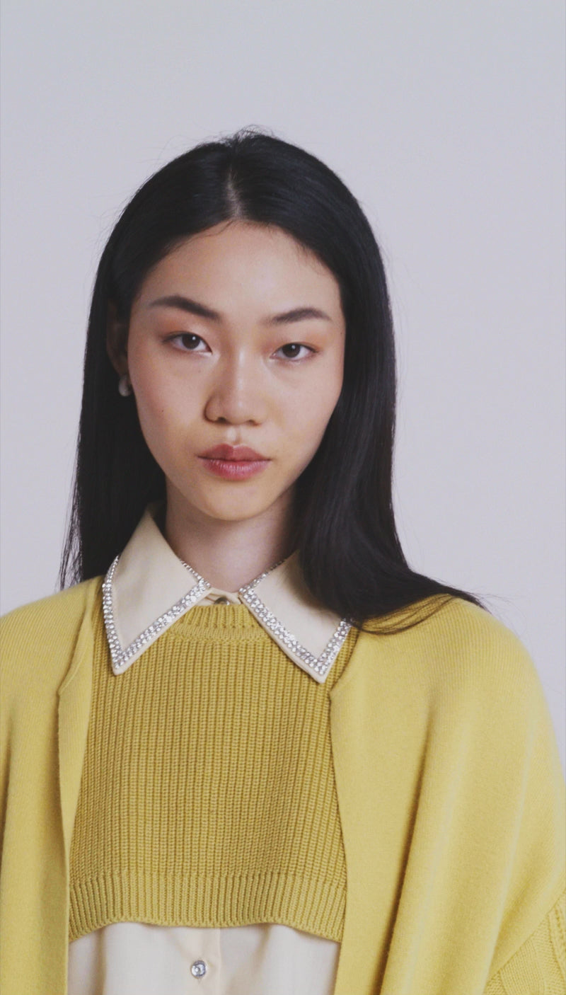 Chartreuse Shearling Trim Cable Cardigan Coat