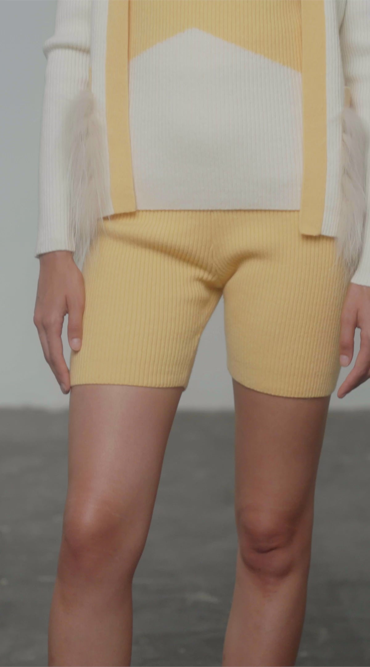 Cream & Yellow Colour Block Cardigan with Fox Fur Pockets